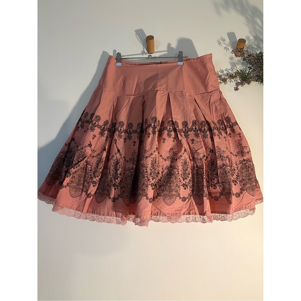 Pink Black Lace midi skirt Pleated Skirt Size 14